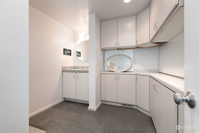 kitchen featuring dark colored carpet, sink, and white cabinets