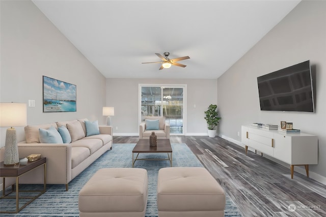 living room with hardwood / wood-style flooring and ceiling fan