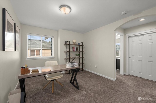 view of carpeted home office