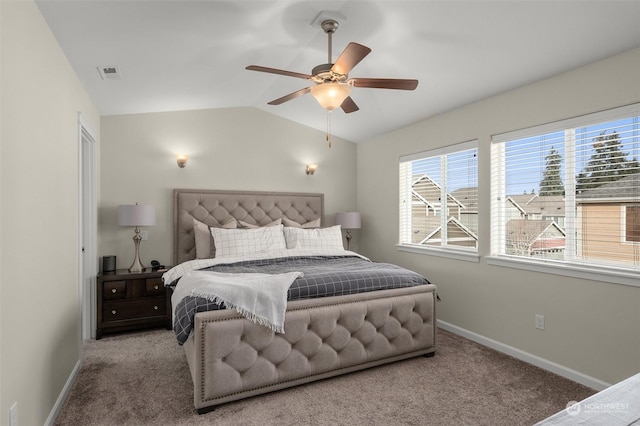 bedroom with lofted ceiling, carpet flooring, and ceiling fan