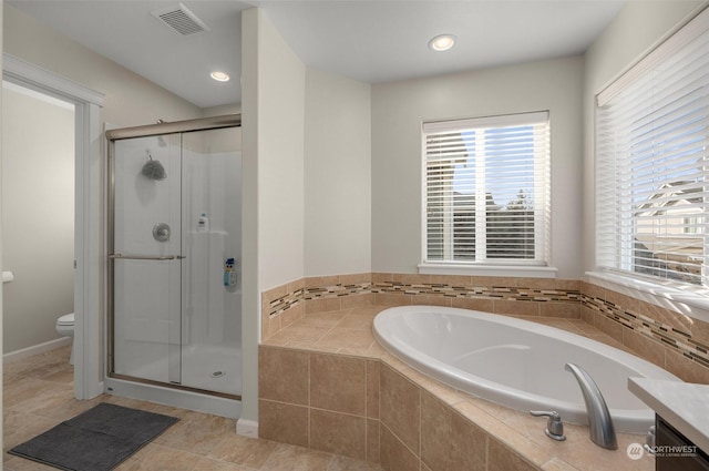 full bathroom with toilet, vanity, independent shower and bath, and tile patterned flooring