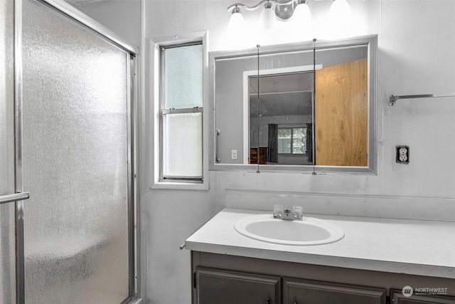 bathroom featuring an enclosed shower and vanity