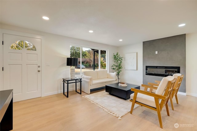 living room featuring light hardwood / wood-style floors and a fireplace