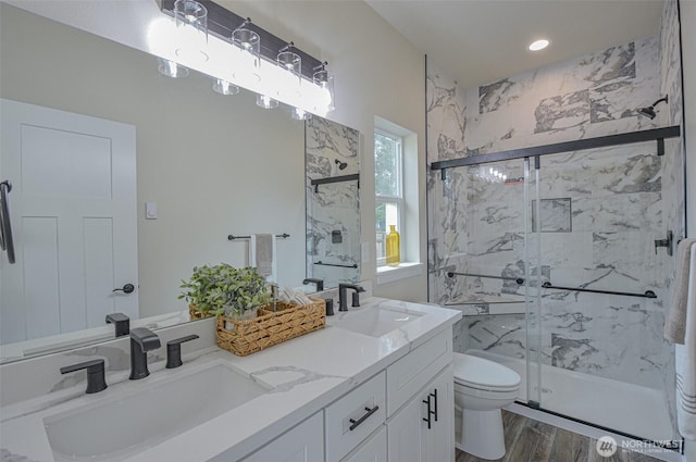 full bath with toilet, a marble finish shower, and a sink