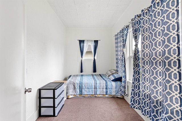 bedroom with a textured ceiling and carpet floors