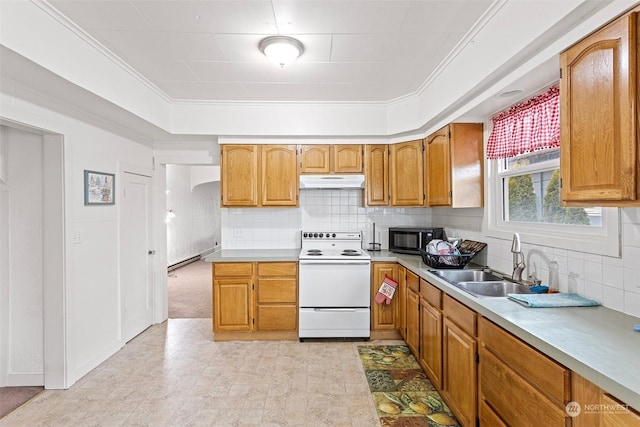 kitchen featuring sink, white range with electric stovetop, crown molding, and decorative backsplash