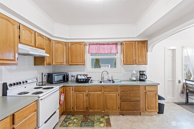 kitchen with sink, white range with electric stovetop, ornamental molding, and tasteful backsplash