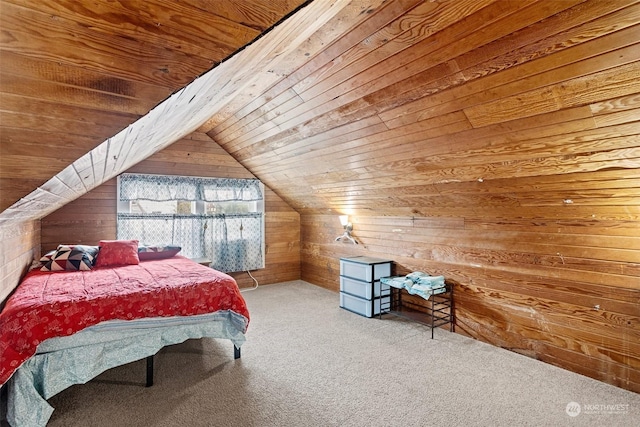bedroom featuring wood ceiling, wood walls, carpet flooring, and lofted ceiling