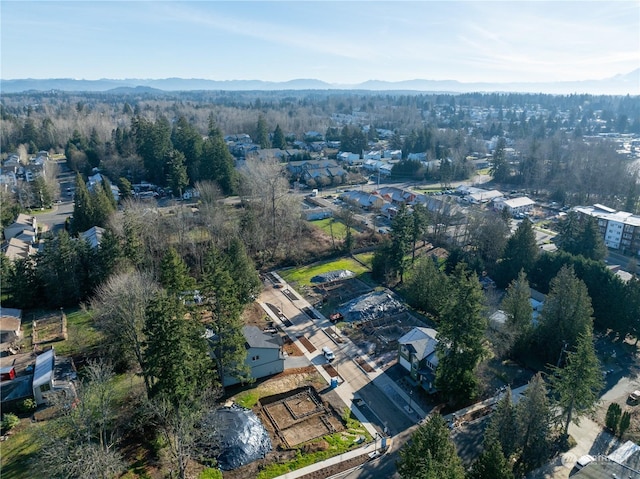 bird's eye view featuring a wooded view and a mountain view