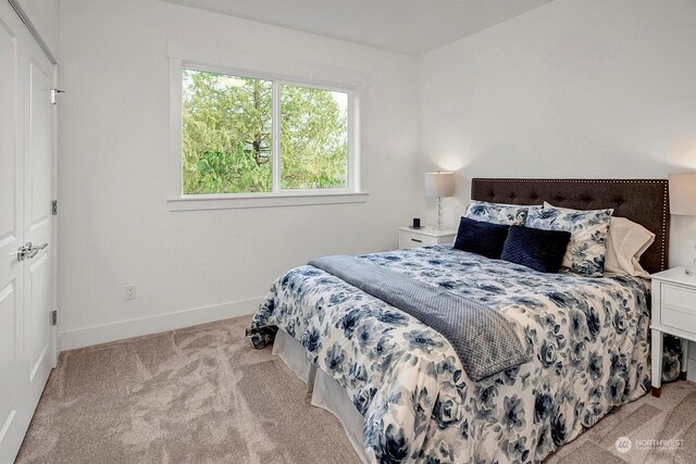 bedroom with baseboards and light colored carpet