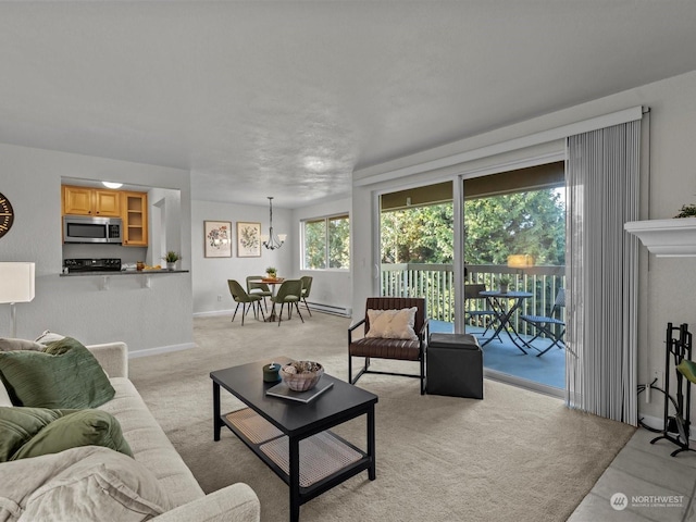 living room featuring light carpet and a baseboard radiator