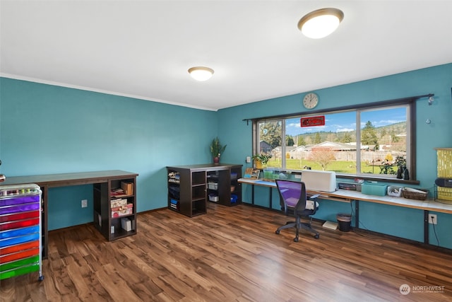 home office with dark wood-type flooring