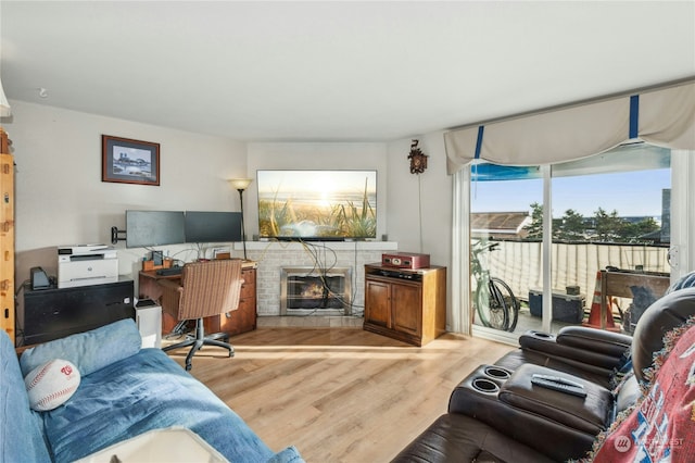 living room featuring light hardwood / wood-style floors and a fireplace