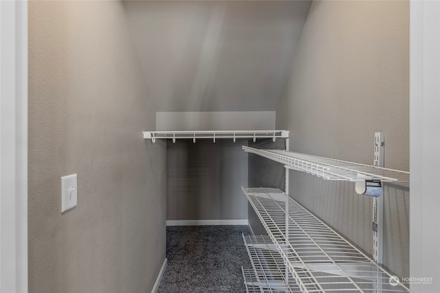 spacious closet featuring vaulted ceiling and dark carpet