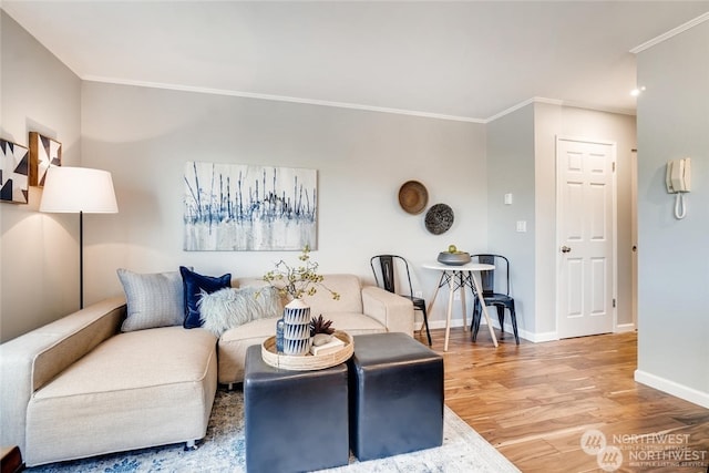 living room featuring hardwood / wood-style floors and crown molding