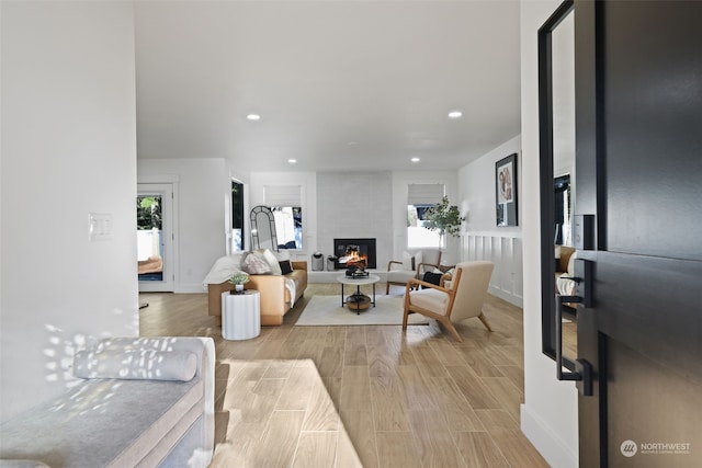 living room featuring a fireplace and light hardwood / wood-style floors