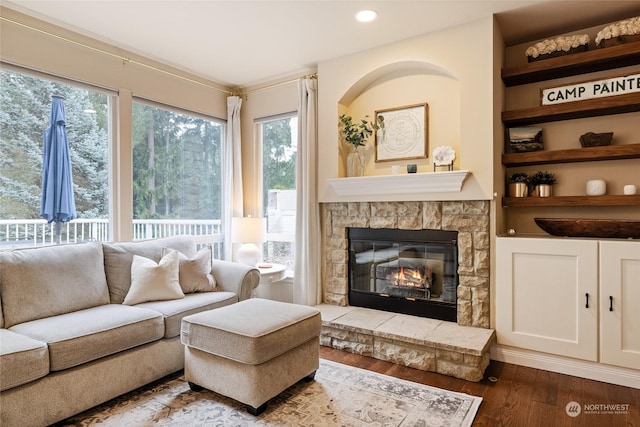 interior space featuring hardwood / wood-style flooring and a stone fireplace