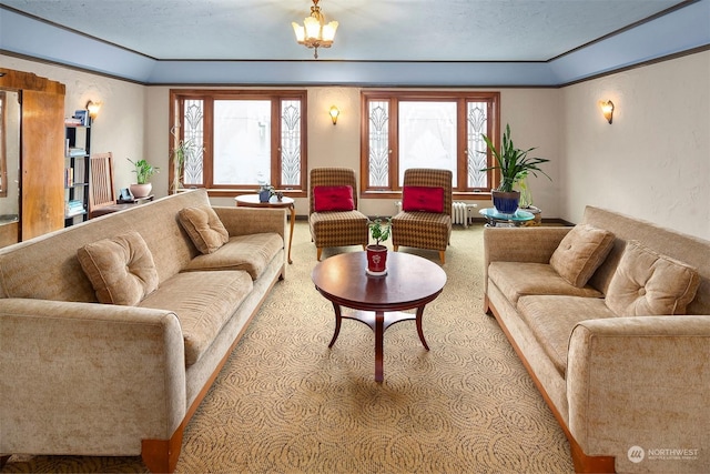 carpeted living room with radiator and plenty of natural light