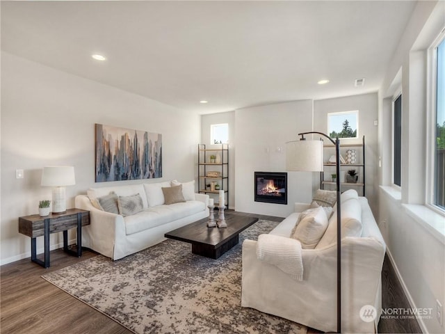 living room with wood-type flooring and a large fireplace