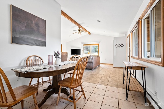 22214 Zenker Valley Rd SW, Centralia, WA 98531 - tiled dining area with ceiling fan and vaulted ceiling with beams