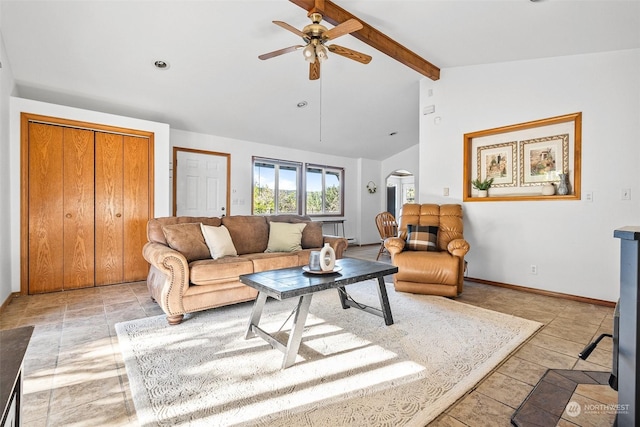 22214 Zenker Valley Rd SW, Centralia, WA 98531 - living room with ceiling fan and lofted ceiling with beams
