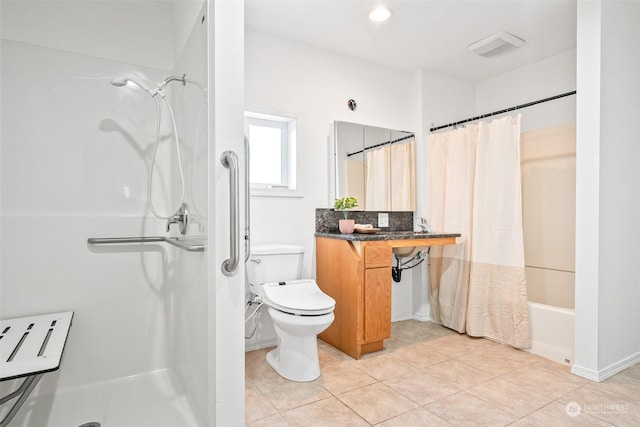 22214 Zenker Valley Rd SW, Centralia, WA 98531 - bathroom with backsplash, tile patterned floors, shower / bathtub combination with curtain, and toilet
