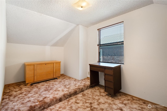 additional living space featuring vaulted ceiling, a textured ceiling, and light carpet