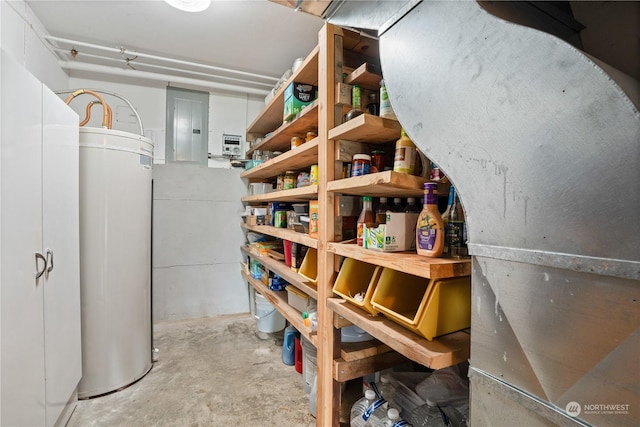 storage room with electric panel and gas water heater