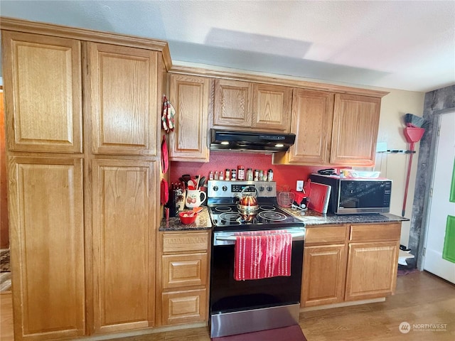 kitchen with dark stone countertops, light wood-type flooring, and appliances with stainless steel finishes