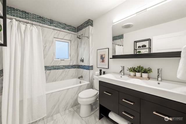 full bathroom with vanity, shower / bath combination with curtain, and toilet