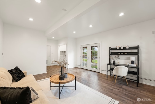 living room with french doors and hardwood / wood-style floors