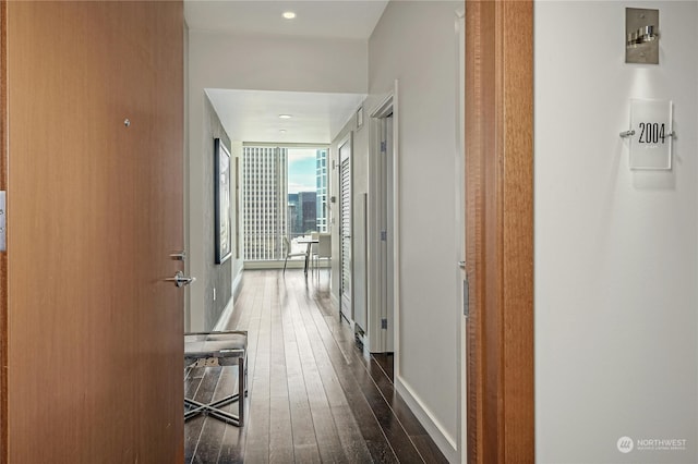 hallway with floor to ceiling windows and dark hardwood / wood-style flooring