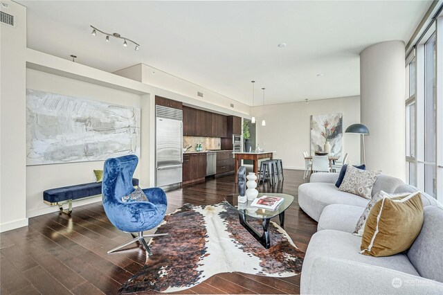 living room featuring track lighting, dark hardwood / wood-style floors, and plenty of natural light