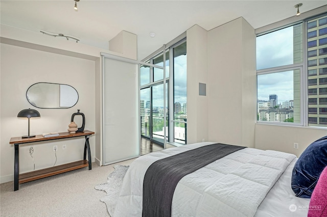 bedroom featuring a wall of windows, carpet flooring, and access to outside