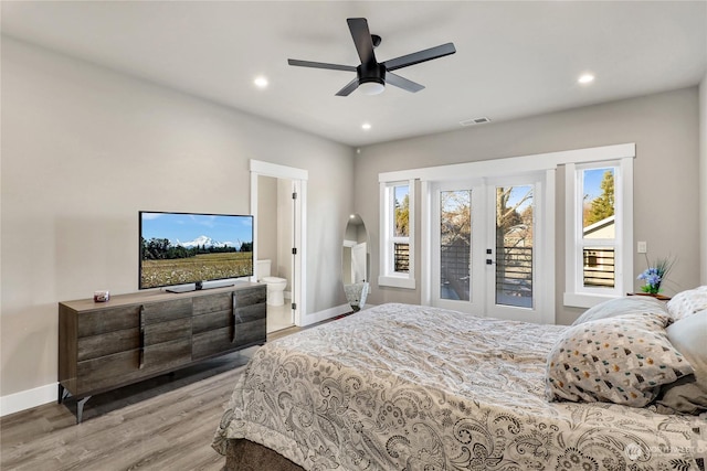 bedroom with french doors, ceiling fan, access to exterior, and light wood-type flooring