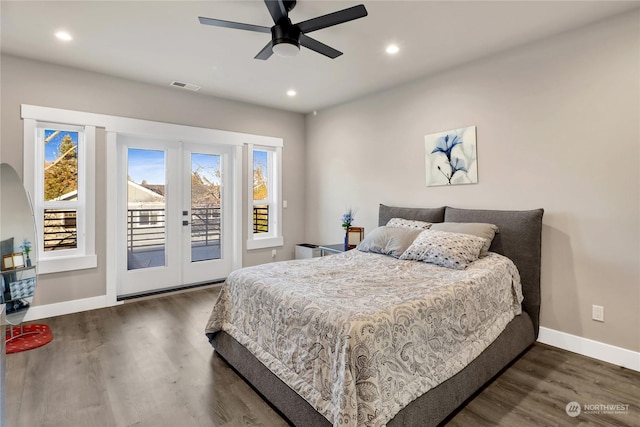 bedroom with dark hardwood / wood-style flooring, access to outside, french doors, and ceiling fan