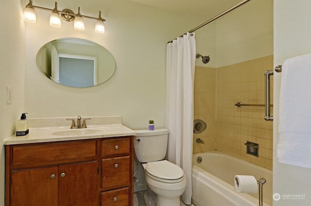 full bathroom featuring shower / bathtub combination with curtain, vanity, and toilet