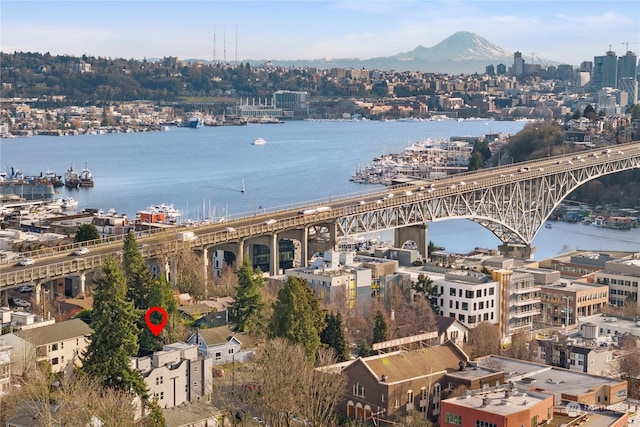 bird's eye view with a water view