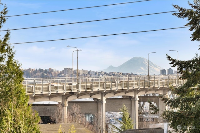 view of patio / terrace featuring a mountain view