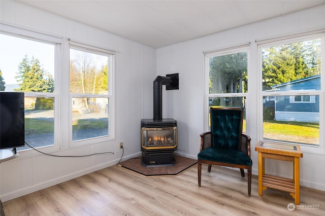 sitting room with a wealth of natural light, light wood-type flooring, and a wood stove