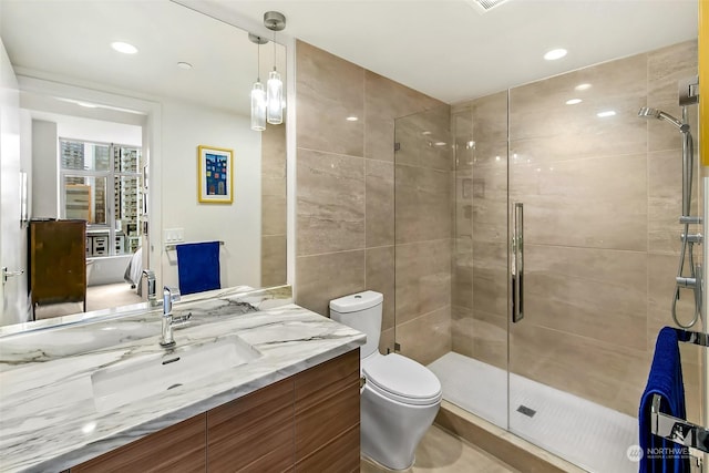 bathroom with vanity, toilet, and a shower with shower door