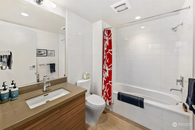 full bathroom featuring shower / bathtub combination with curtain, vanity, and toilet