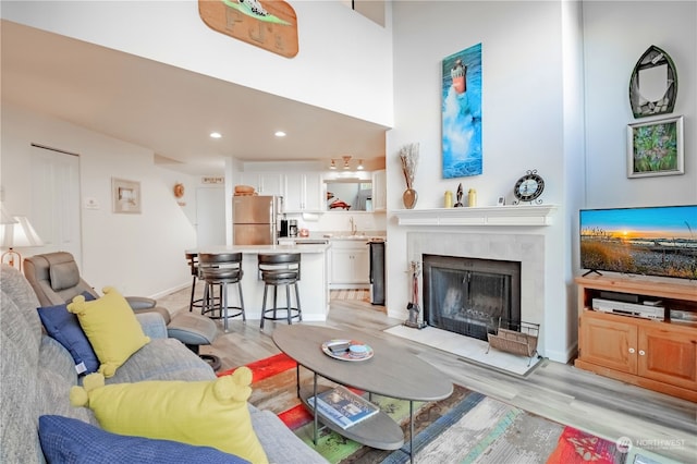 living room featuring sink, a fireplace, and light wood-type flooring