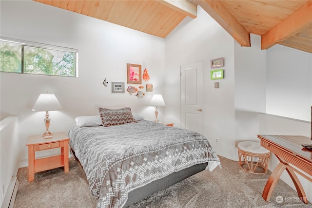 bedroom featuring vaulted ceiling with beams, carpet floors, and wooden ceiling