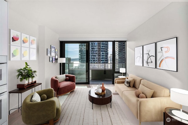 living room featuring expansive windows and wood-type flooring