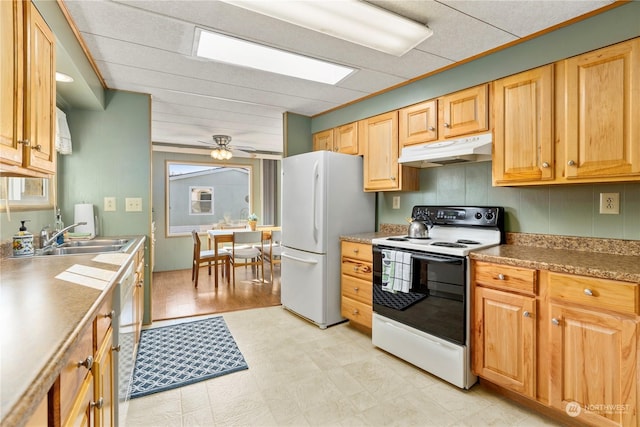 kitchen featuring sink, white appliances, and ceiling fan