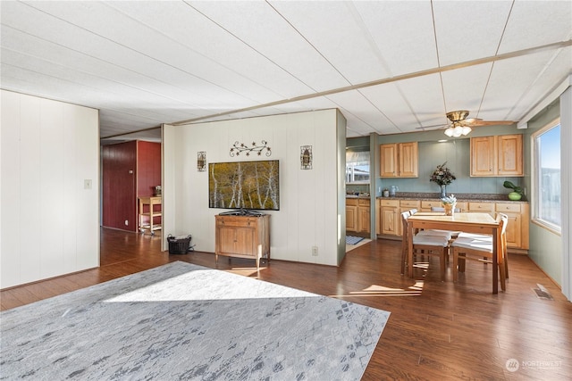 dining area with dark hardwood / wood-style floors, ceiling fan, and wood walls