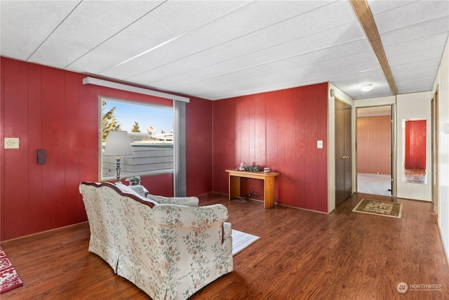 sitting room featuring wooden walls and dark hardwood / wood-style floors