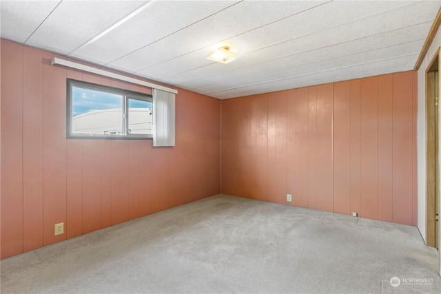 carpeted spare room with wood walls