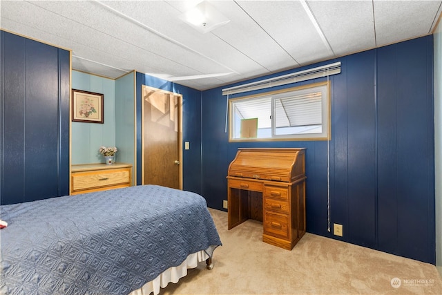 bedroom with light carpet